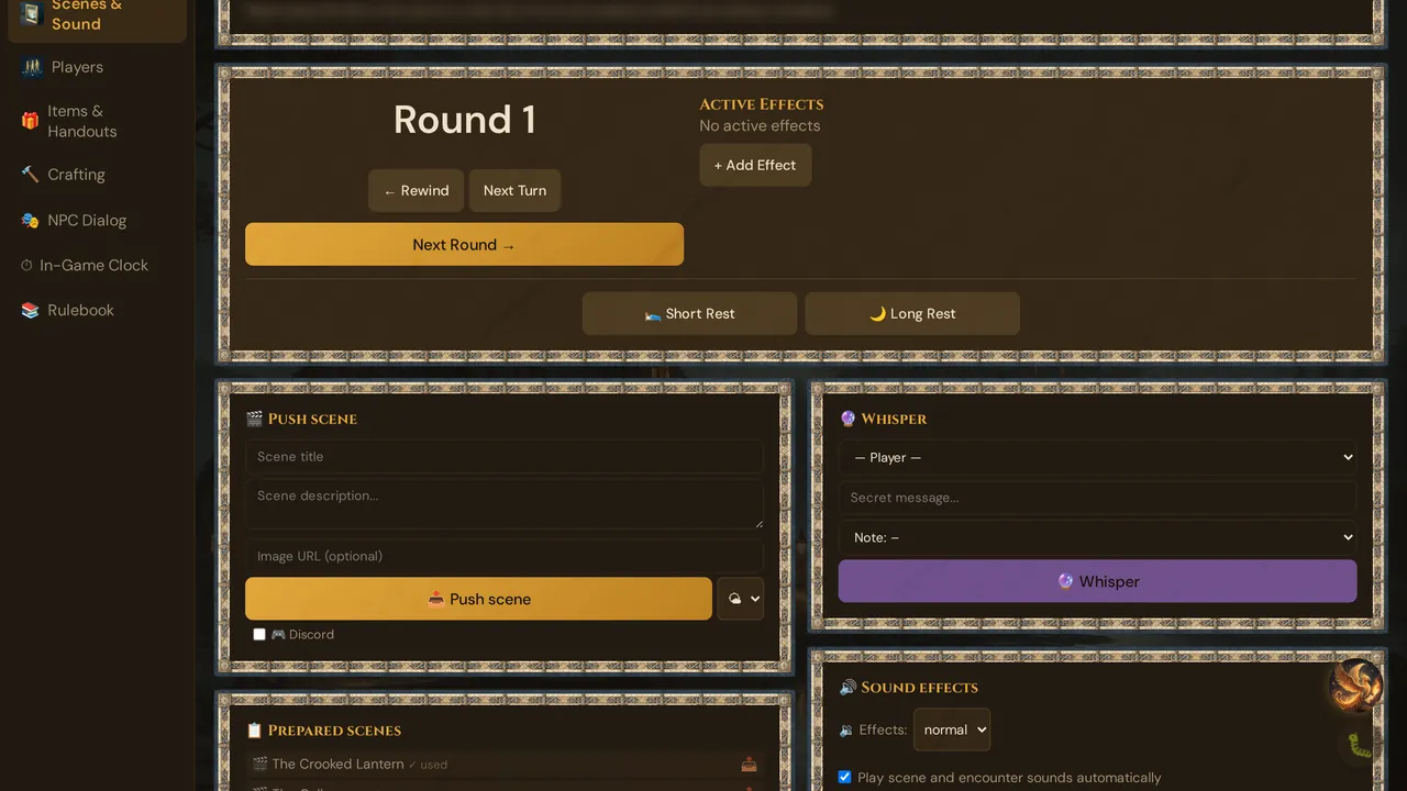 Wovenkeep live cockpit with round tracker, scene push, whisper and sound effects